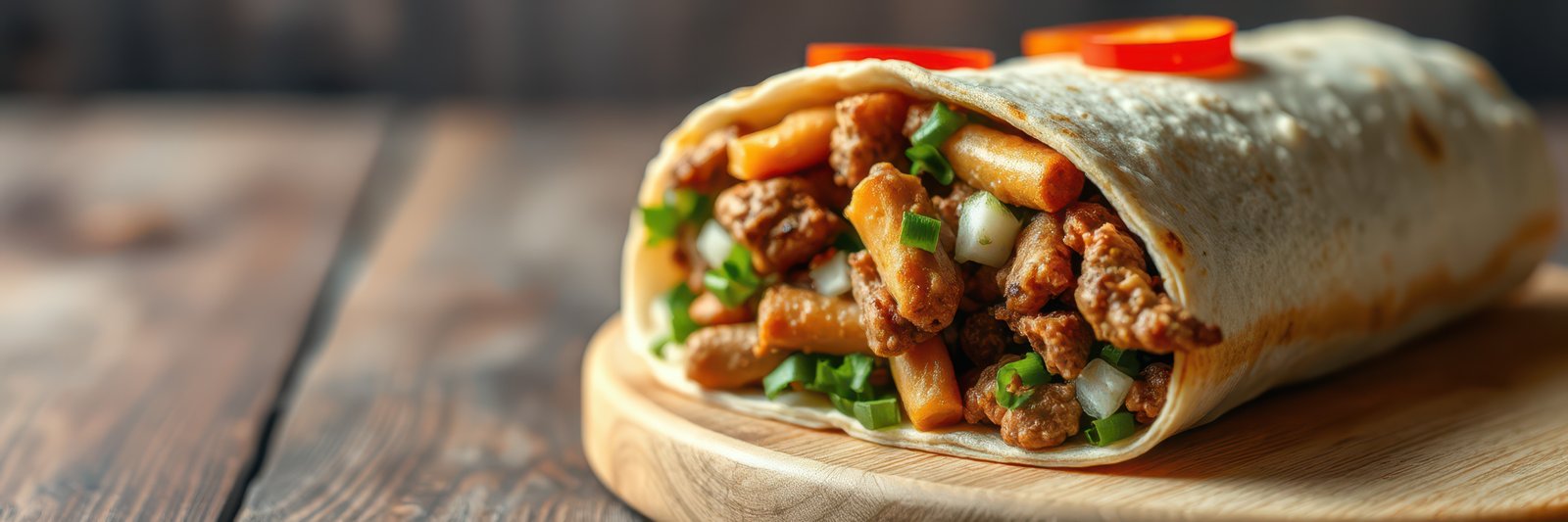 Freshly made burrito filled with seasoned meat, vegetables, and spices on a wooden board